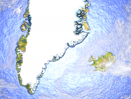 Greenland and Iceland on model of Earth. 3D illustration with realistic planet surface.の写真素材