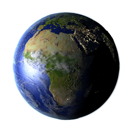 Africa on model of Earth. 3D illustration with realistic planet surface isolated on white background.の写真素材