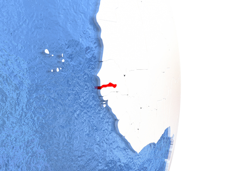Gambia on globe with realistic blue water and shiny metallic continents. 3D illustrationの写真素材