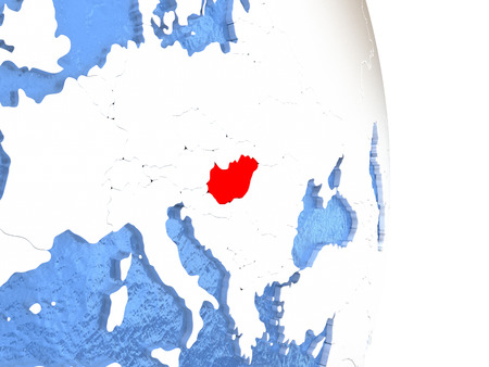 Hungary on globe with realistic blue water and shiny metallic continents. 3D illustrationの写真素材
