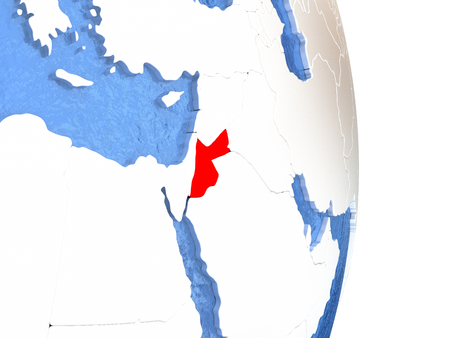 Jordan on globe with realistic blue water and shiny metallic continents. 3D illustrationの写真素材