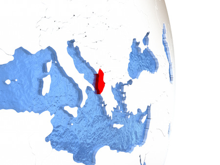 Albania on globe with realistic blue water and shiny metallic continents. 3D illustrationの写真素材