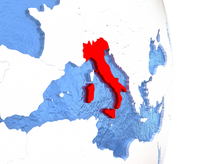 Italy on globe with realistic blue water and shiny metallic continents. 3D illustrationの写真素材