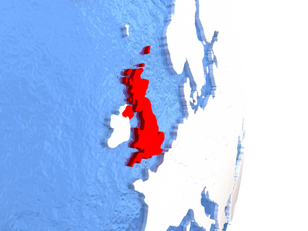 United Kingdom on globe with realistic blue water and shiny metallic continents. 3D illustrationの写真素材