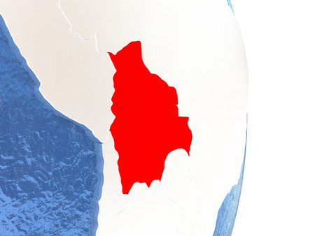 Bolivia on globe with realistic blue water and shiny metallic continents. 3D illustrationの写真素材