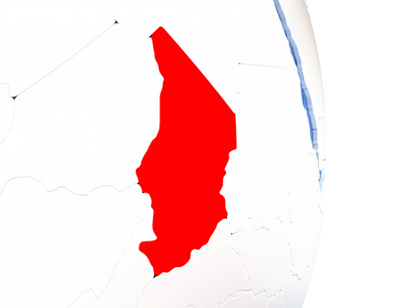 Chad on globe with realistic blue water and shiny metallic continents. 3D illustrationの写真素材