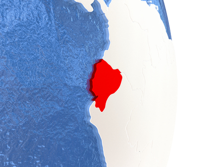 Ecuador on globe with realistic blue water and shiny metallic continents. 3D illustrationの写真素材