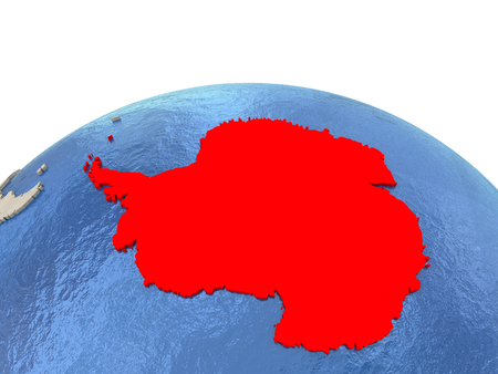 Antarctica highlighted in red on globe with realistic blue water. 3D illustrationの写真素材