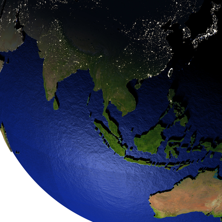 Southeast Asia on model of Earth with dark blue oceans and embossed landmasses. 3D illustration at night.の写真素材