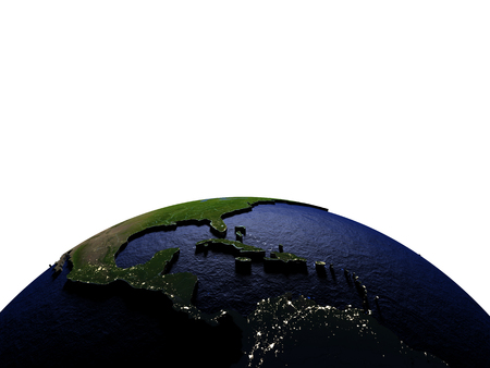 Central America on model of Earth with dark blue oceans and embossed landmasses. 3D illustration at night. Lot of space left blank for your copy.の写真素材