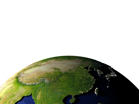 East Asia on model of Earth with dark blue oceans and embossed landmasses. 3D illustration. Lot of space left blank for your copy.の写真素材
