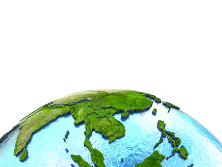 Indochina on 3D model of planet Earth with watery ocean and visible country borders. 3D illustration. Lot of space left blank for your copy.の写真素材