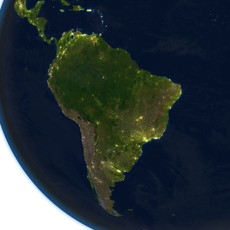 South America at night. 3D illustration with detailed planet surface and visible city lights.の写真素材