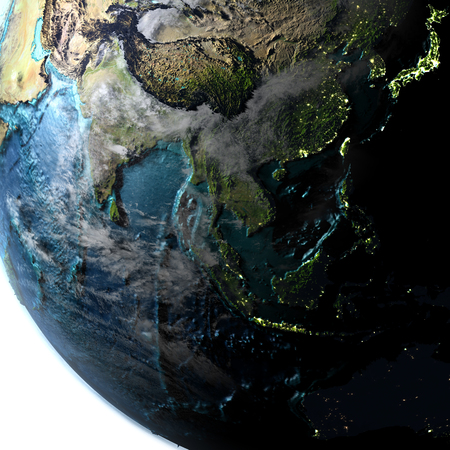 Southeast Asia on planet Earth with evening light. 3D illustration with detailed planet surface, atmosphere and city lights.の写真素材