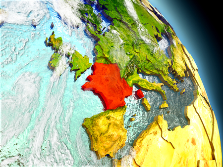 France in red on model of planet Earth with embossed countries and visible country borders. 3D illustration with clouds and reflective ocean waters.の写真素材