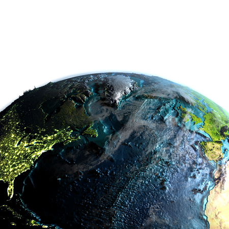 North Atlantic on model of planet Earth at dawn. 3D illustration with white background. Elements of this image furnished by NASA.の写真素材