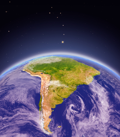 Satellite view of South America on planet Earth. 3D illustration with detailed planet surface.の写真素材