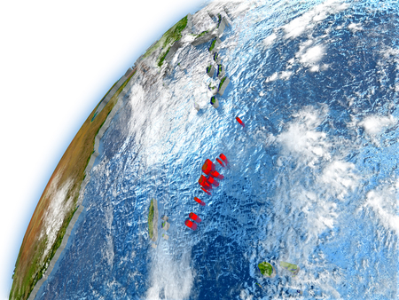 Vanuatu highlighted on model of planet Earth. 3D illustration with reflective waters and clouds in the atmosphere.の写真素材