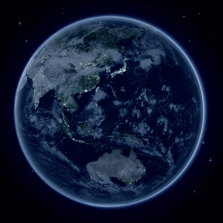 Satellite view of East Asia during night with visible city lights. 3D illustration. Elements of this image furnished by NASA.の写真素材