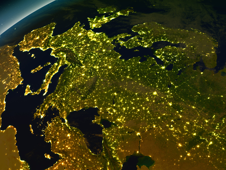 Europe in the evening from Earth's orbit in space. 3D illustration with detailed planet surface and city lights. Elements of this image furnished by NASA.の写真素材