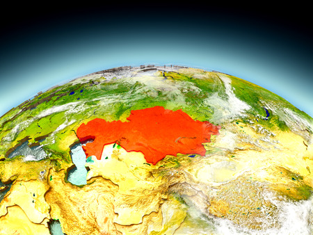 Kazakhstan in red on model of planet Earth as seen from orbit. 3D illustration with detailed planet surface. Elements of this image furnished by NASA.の写真素材