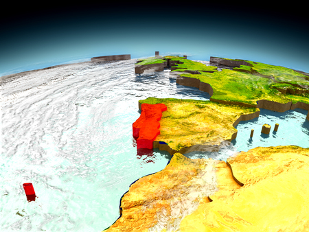 Portugal in red on model of planet Earth as seen from orbit. 3D illustration with detailed planet surface. Elements of this image furnished by NASA.の写真素材