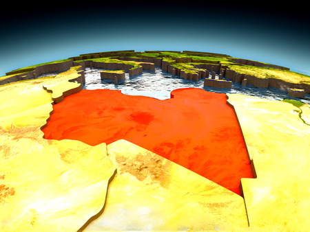 Libya in red on model of planet Earth as seen from orbit. 3D illustration with detailed planet surface. Elements of this image furnished by NASA.の写真素材