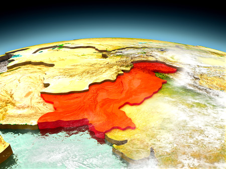 Pakistan in red on model of planet Earth as seen from orbit. 3D illustration with detailed planet surface. Elements of this image furnished by NASA.の写真素材