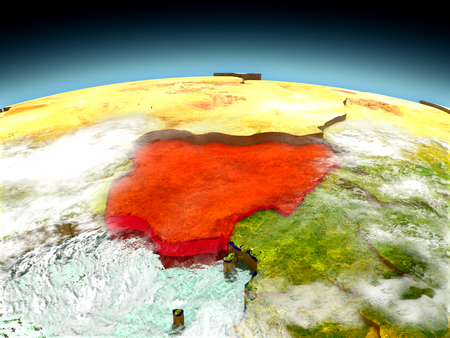 Nigeria in red on model of planet Earth as seen from orbit. 3D illustration with detailed planet surface. Elements of this image furnished by NASA.の写真素材