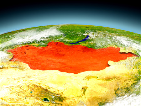 Mongolia in red on model of planet Earth as seen from orbit. 3D illustration with detailed planet surface. Elements of this image furnished by NASA.の写真素材