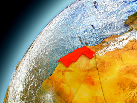 Western Sahara as seen from orbit on model of Earth. 3D illustration with atmosphere and reflective ocean waters.の写真素材