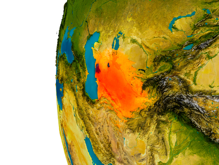 Turkmenistan highlighted in red on detailed model of planet Earth. 3D illustration.の写真素材