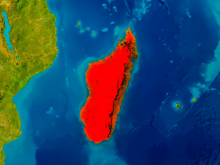 Madagascar highlighted in red on physical map. 3D illustration.の写真素材