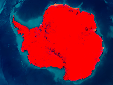 Antarctica highlighted in red on physical map. 3D illustration.の写真素材