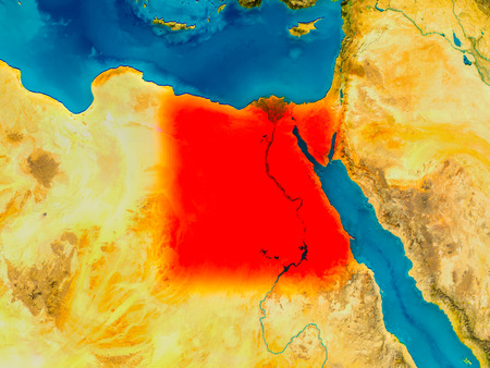 Egypt highlighted in red on physical map. 3D illustration.の写真素材