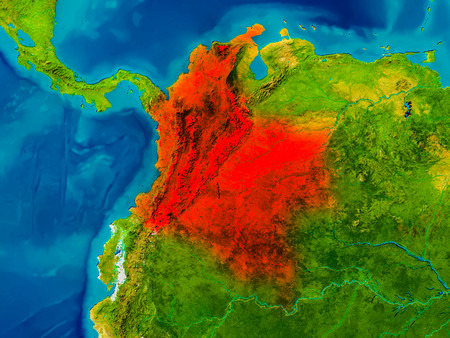 Colombia highlighted in red on physical map. 3D illustration.の写真素材
