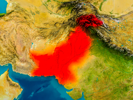 Pakistan highlighted in red on physical map. 3D illustration.の写真素材
