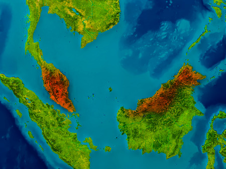 Malaysia highlighted in red on physical map. 3D illustration.の写真素材