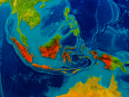 Indonesia highlighted in red on physical map. 3D illustration.の写真素材