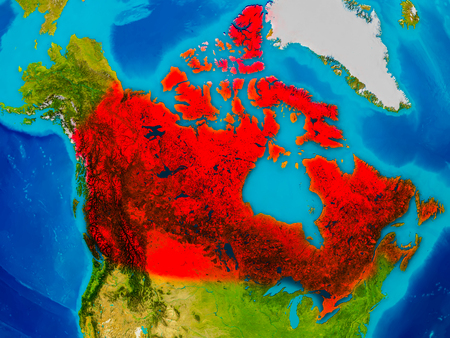 Canada highlighted in red on physical map. 3D illustration. Elements of this image furnished by NASA.の写真素材