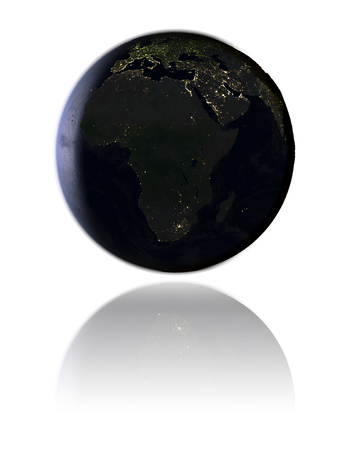 Globe with Africa at night isolated on white background. 3D illustration with detailed planet surface, isolated on white background.の写真素材