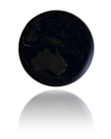 Globe with Australia at night isolated on white background. 3D illustration with detailed planet surface, isolated on white background.の写真素材