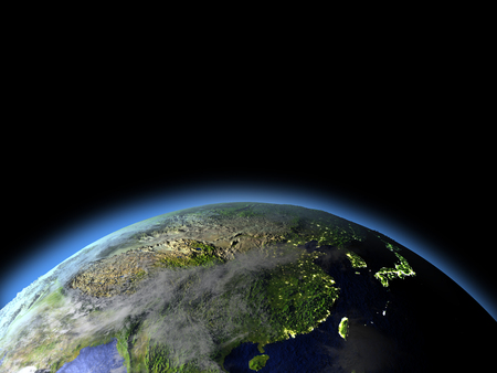 East Asia from Earth's orbit in space. 3D illustration with detailed planet surface.の写真素材