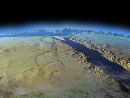 Egypt from Earth's orbit in space. 3D illustration with detailed planet surface.の写真素材