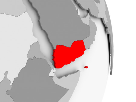 Yemen highlighted in red on grey political globe. 3D illustration.の写真素材