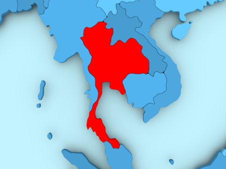 Thailand in red on blue political map. 3D illustration.の写真素材