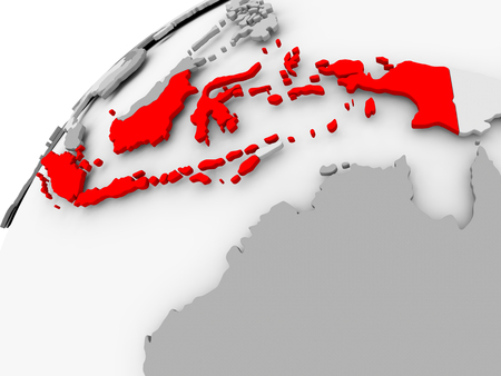 Map of Indonesia in red on grey political globe. 3D illustration.の写真素材