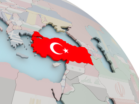 Illustration of Turkey on political globe with embedded flags. 3D illustration.の写真素材