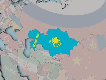 Kazakhstan with national flag on political globe. 3D illustration.の写真素材
