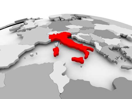 Italy in red on grey model of political globe. 3D illustration.の写真素材